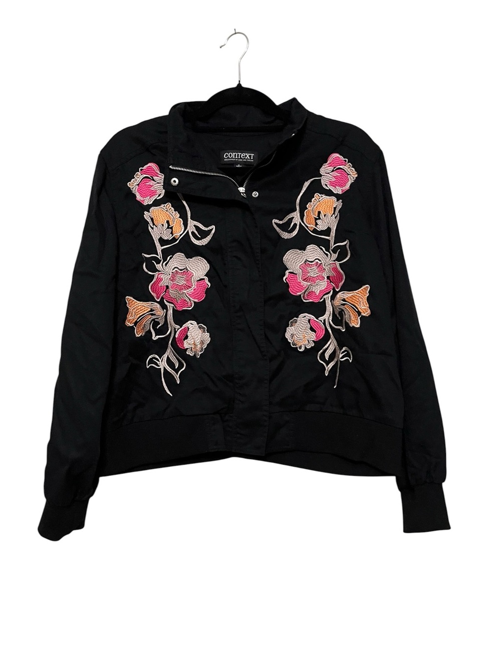 Context Black Bomber Jacket with Pink & Orange Floral Embroidery